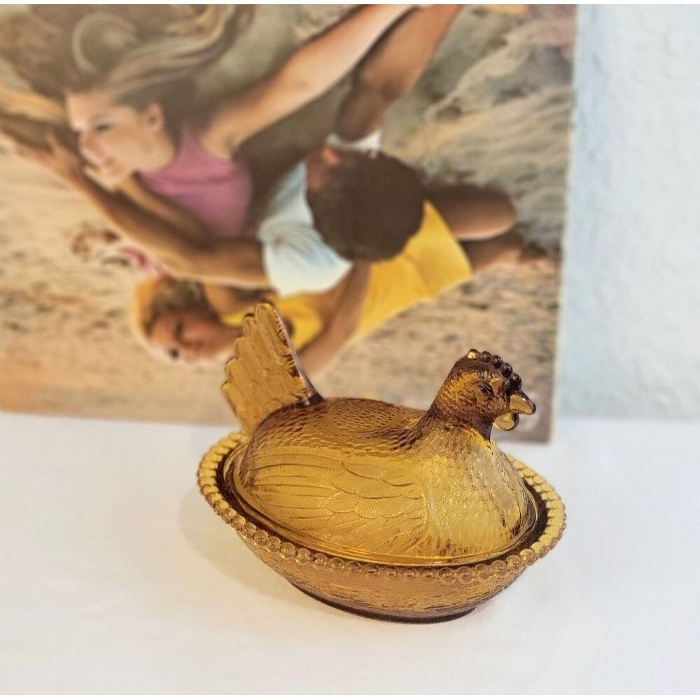 VINTAGE ✨ Indiana Glass Hen On Nest Golden Amber Chicken Candy Dish Bowl…